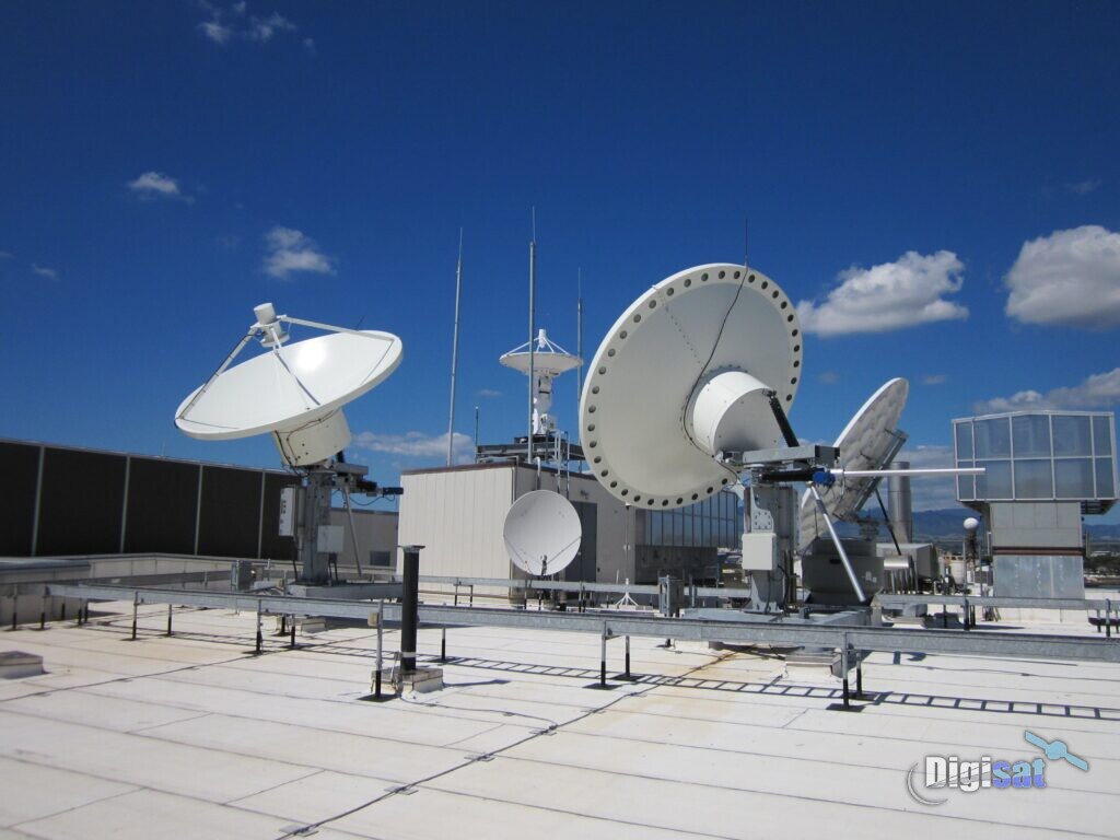 Rooftop broadcast earth station with multiple satellite antennas